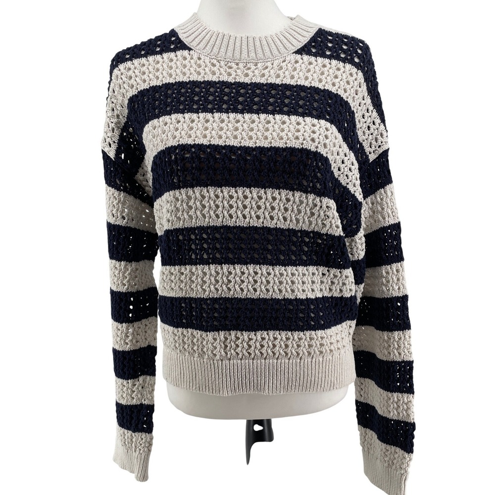 Open Weave Crochet Sweater Womens Large Navy Blue Stripe Nautical Coastal Beachy